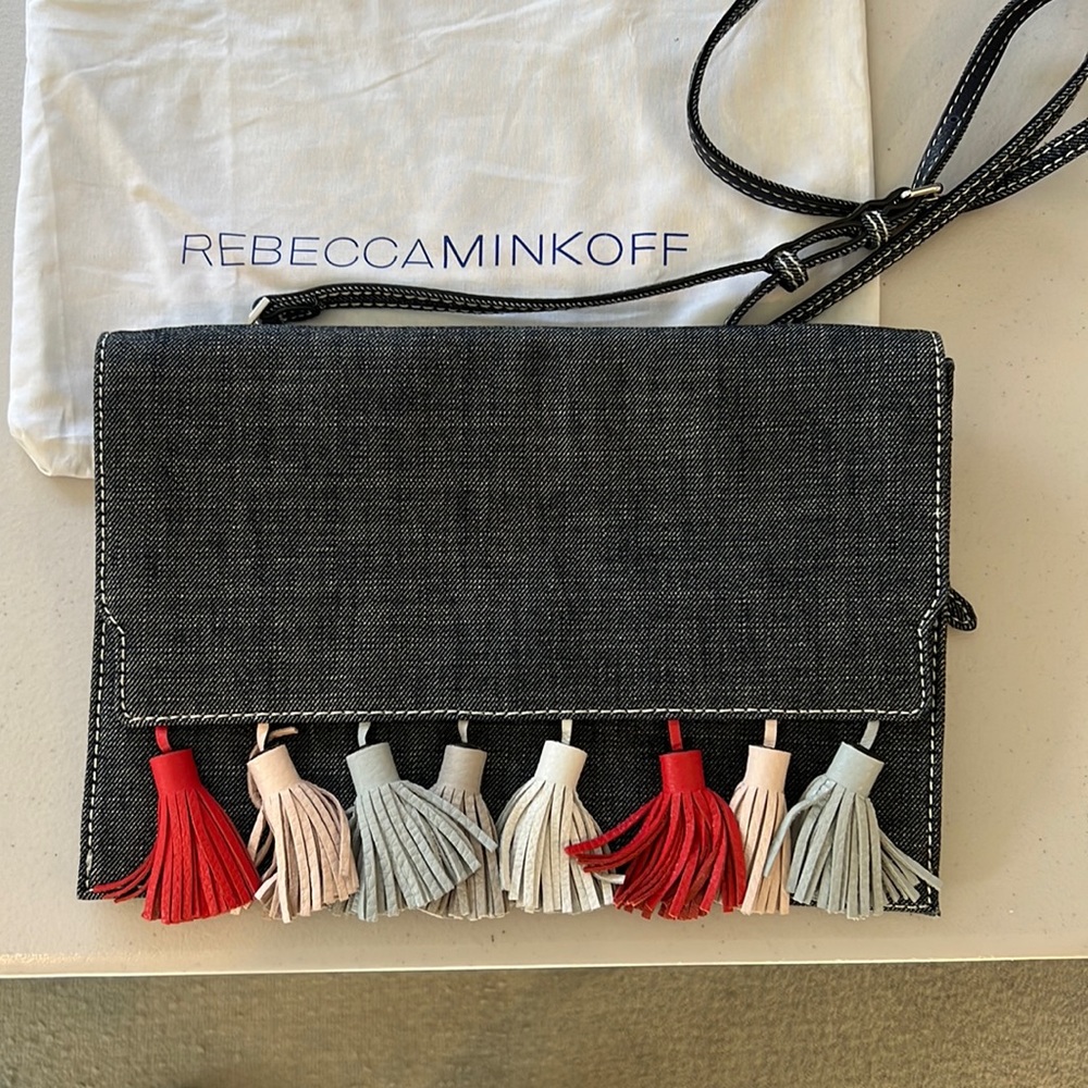REBECCA MINKOFF Sofia Dark Denim Multi Tassel Cross Body Clutch Purse - NWOT